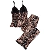 BEAUDRM Women's 2 Piece Sexy Mesh Sheer Pajama Set Leopard Print Ruffle Trim Cami Top and Pants Sleepwear Cheetah Print Pjs
