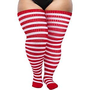 AQOKKA Plus Size Thigh High Socks for Women Cotton Boot Femboy Thigh High Stockings Striped Over Knee High Socks Leg Warmers