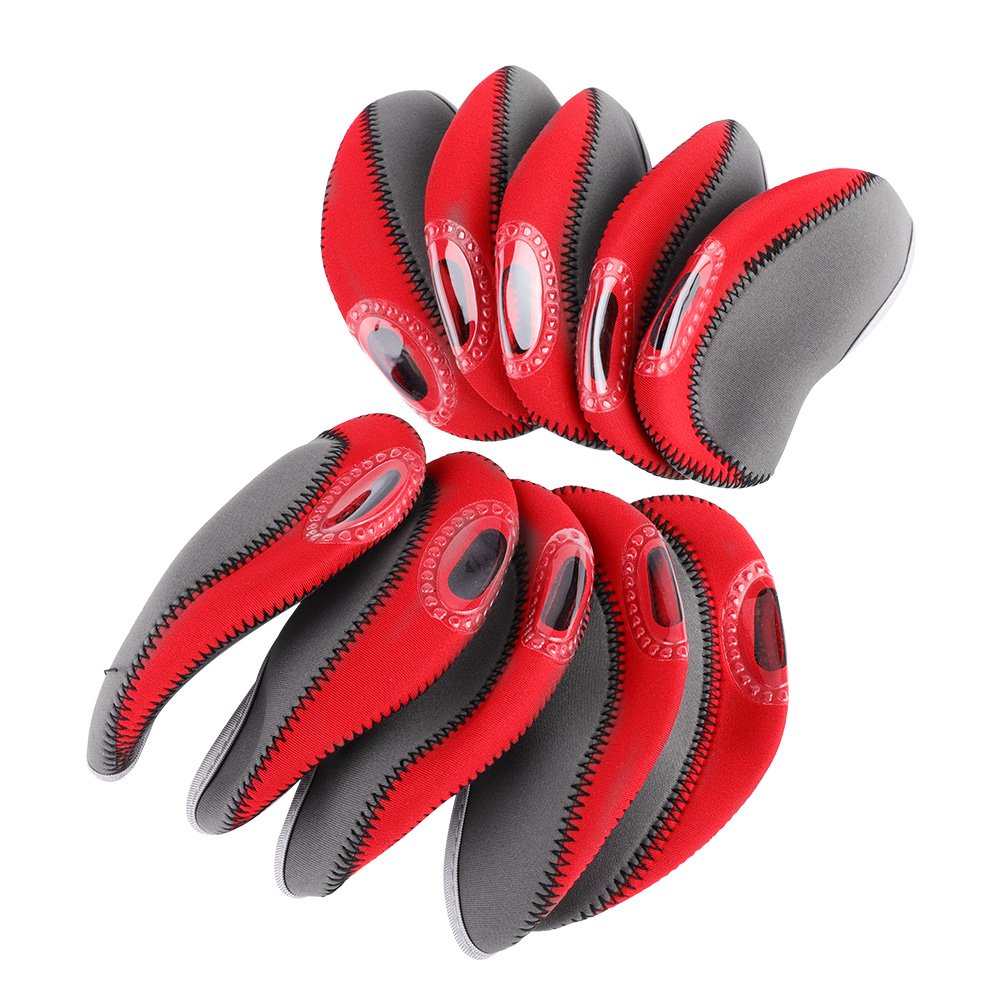 Neoprene Iron Head Covers Set, 10pcs Club Head Covers Headwear Protective Headwear Set Replacement for Iron Heads Black/Red/Green (Grey + Red)
