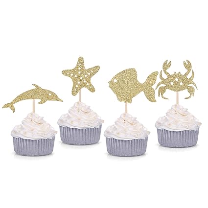 24 Gold Glitter Under The Sea Themed Cupcake Toppers Baby Shower