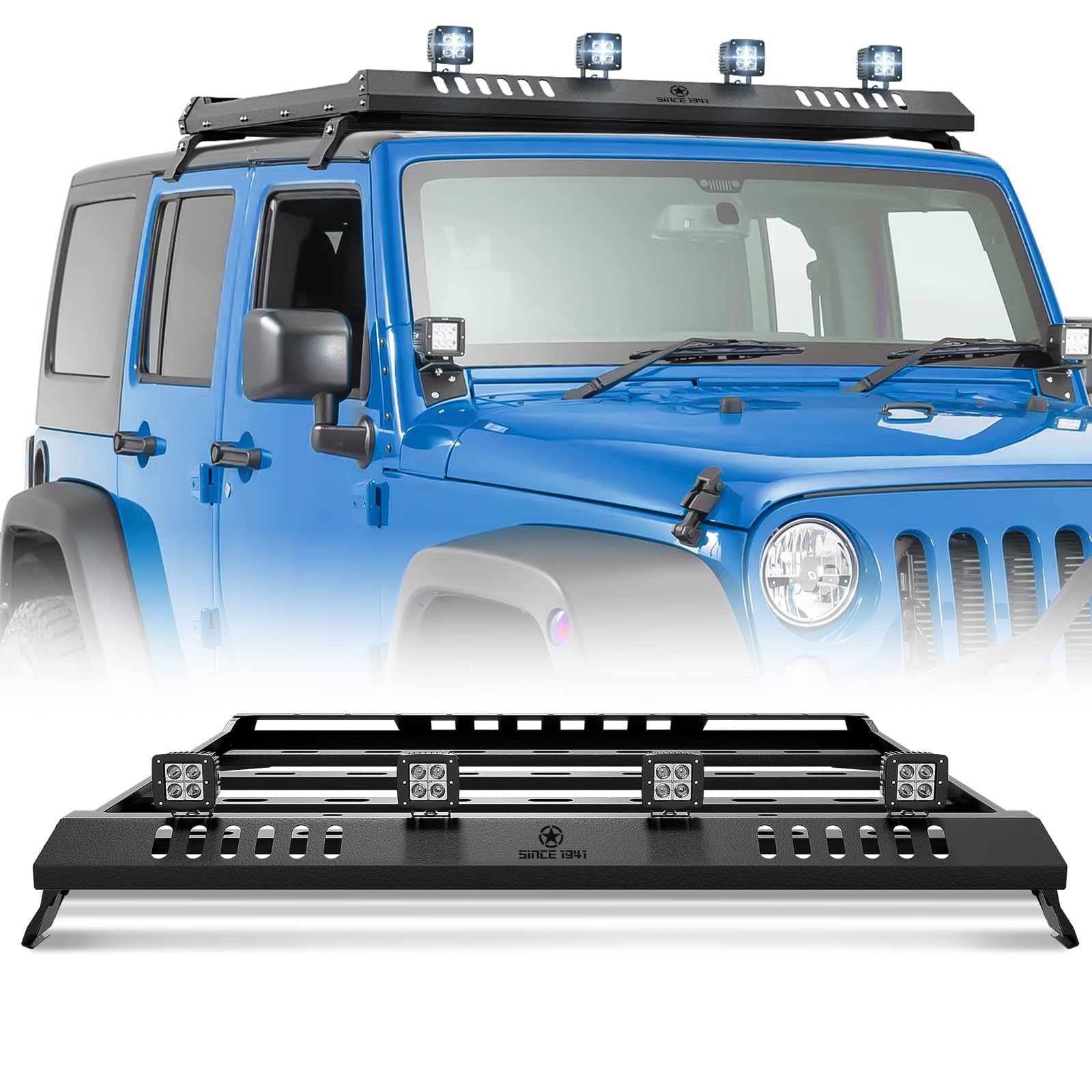 Photo 1 of ***************MISSING PARTS**************
EYOUHZ Roof Rack Cargo Basket with 4 PCS LED Light Bar Compatible for 2007-2025 Jeep Wrangler JK JL Unlimited & Gladiator JT 4 Door Hardtop, JKU JLU Luggage Rooftop Storage Carrier (Since 1941)