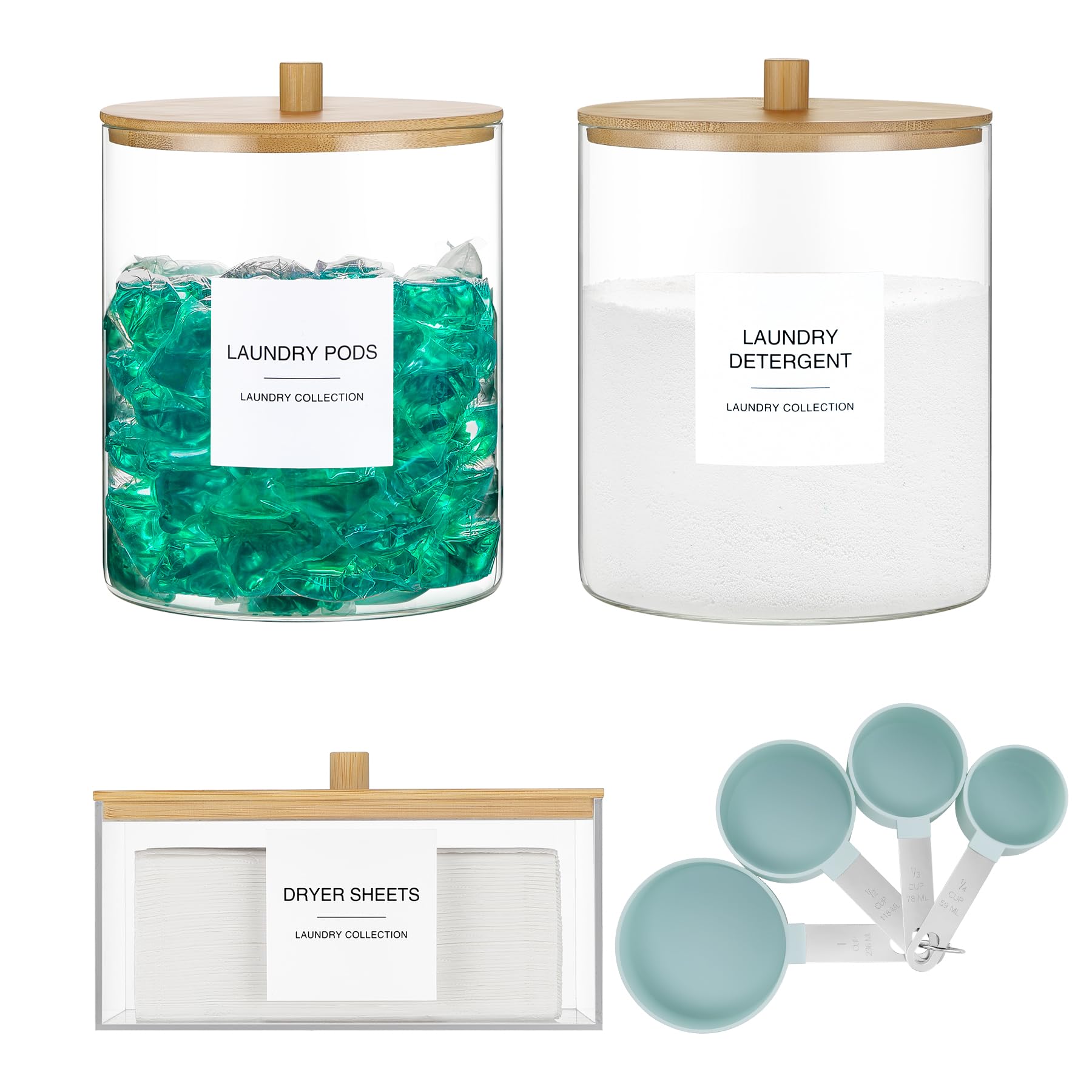 Photo 1 of 3 Pack Glass Jars and Acrylic Dryer Sheet Holder, Laundry Pods Container with Bamboo Lid and Measuring Cups for Laundry Room Organization, Powder Detergent Containers