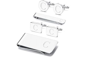 JOERICA 6 PCS Engraved Initial Cufflinks Tie Bar Money Clip Set Shirt Alphabet Letter Wallet Tie Clip and Cufflink Set