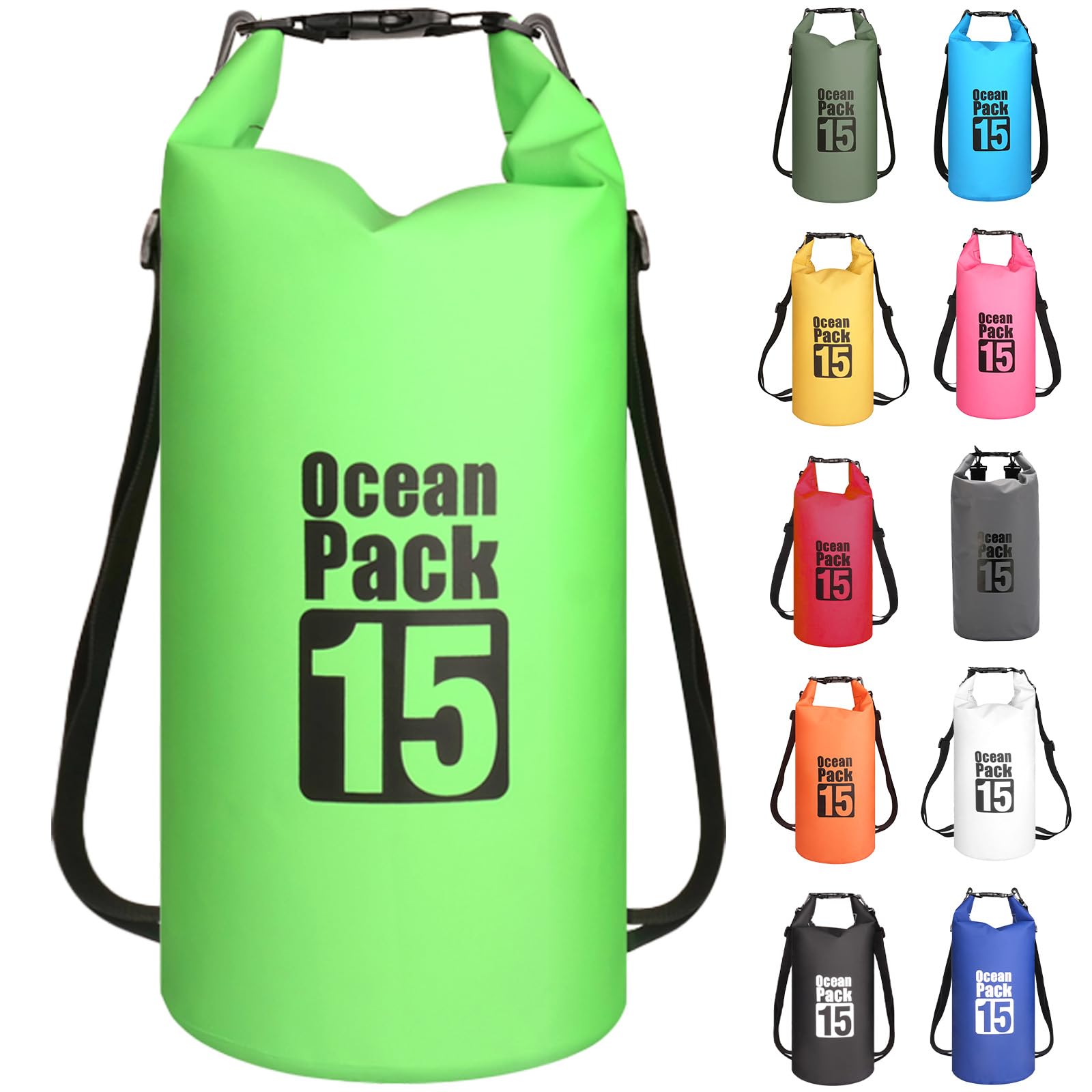 MORAINJAY 15L Green Dry Bag,Waterproof Bag with Double Adjustable Shoulder Strap,Middle Capacity Dry Sack 2L 5L 10L 15L 20L 30L for Outdoor Camping,Rafting,Swimming,Boating,Surfing