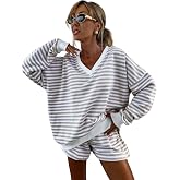 SEGT Women's 2 Piece Striped Lounge Sets V Neck Long Sleeve Top Pajama Set Shorts Cozy Loungewear