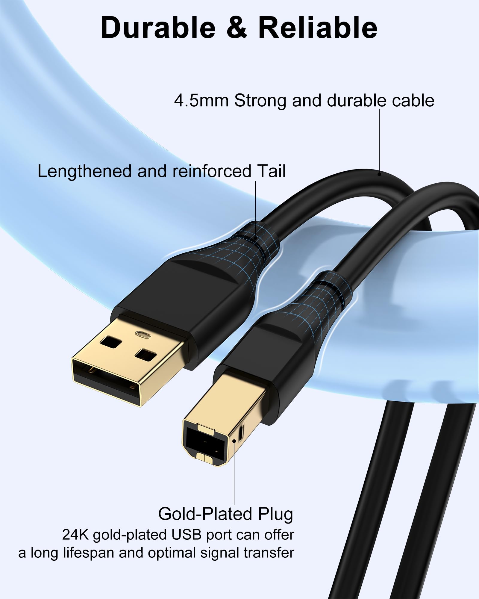 HP Printer Cable 6ft, Square USB A to USB B Cable for Printer/Scanner Epson, HP, Canon, Brother, Ethernet Print Smoothly Connect to Computer/Laptop/Pc - USB 2.0 Type B Impresora Midi Long Cord, 6 Foot