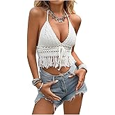 MakeMeChic Women's Halter Top Crochet Knitted Tassel Hem Tie Backless Summer Crop Tops