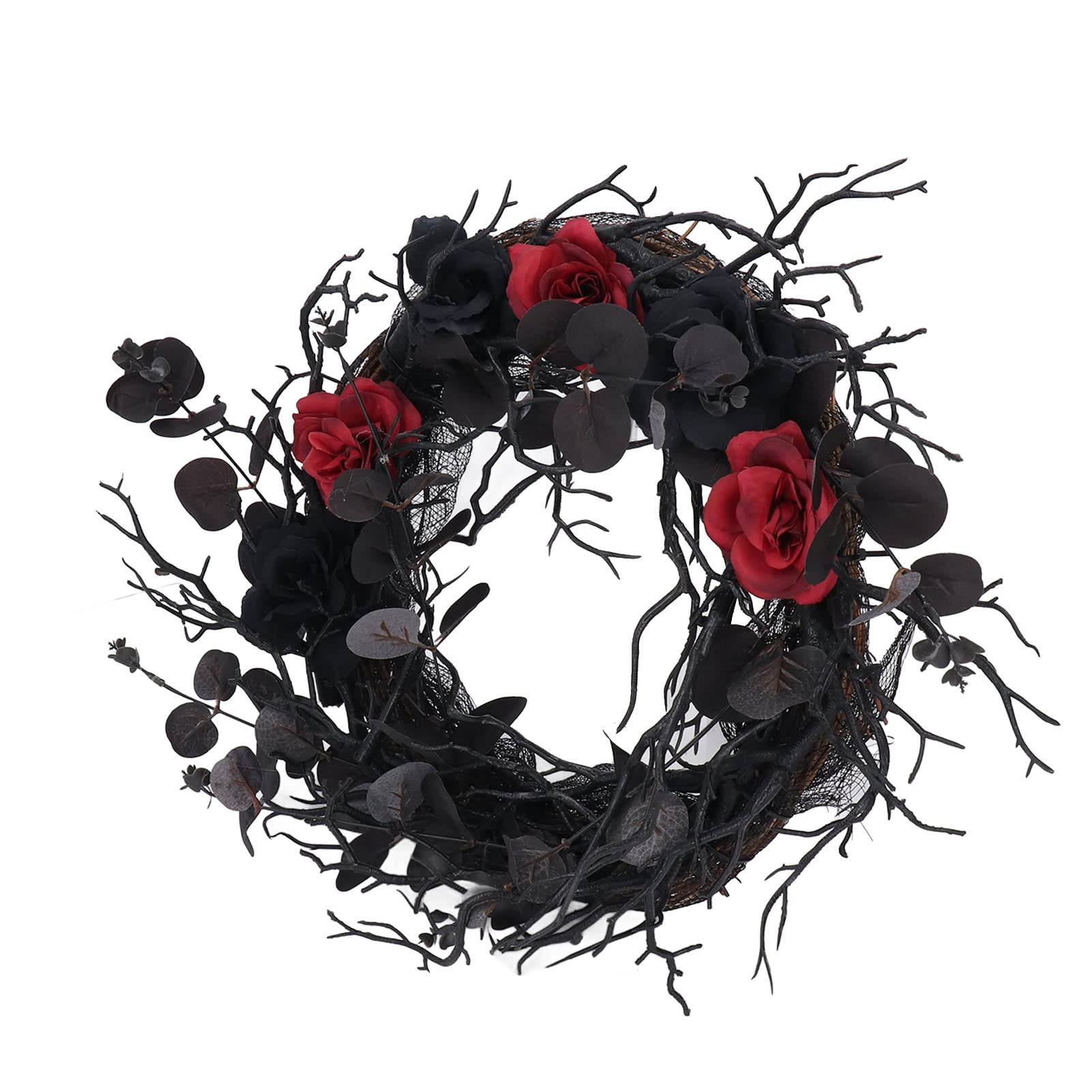 Atyhao Black and Red Halloween Hanging Door Wreath - Rose Garland Simulation for Front Door and Garden Scene Decoration