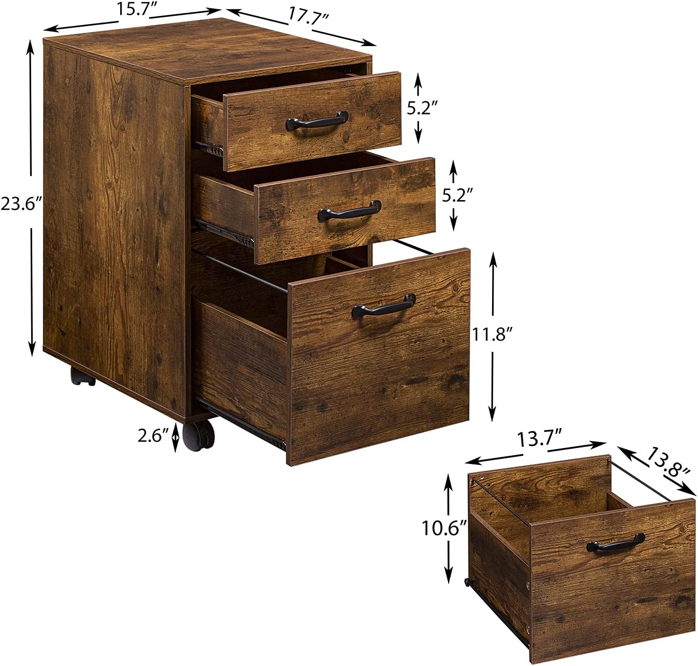 DINZI LVJ Rolling File Cabinet, 3 Drawer File Cabinet on Wheels, Mobile Office Cabinet for A4, Letter Size Files, Hanging File Folders, Under Desk Filing Cabinets for Home Office, Rustic Brown: Kitchen & Dining