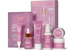 AM AROMANTRA Valentines Day Gifts for Woman Skin Care Set Travel Size, Daily Routine with Hydrate + Protect SkinCare 7-Pieces Travel Kit for Women|Cleanser, Cream, Serum, Eye Cream, Lotion, Lip Mask, Jelly Patches