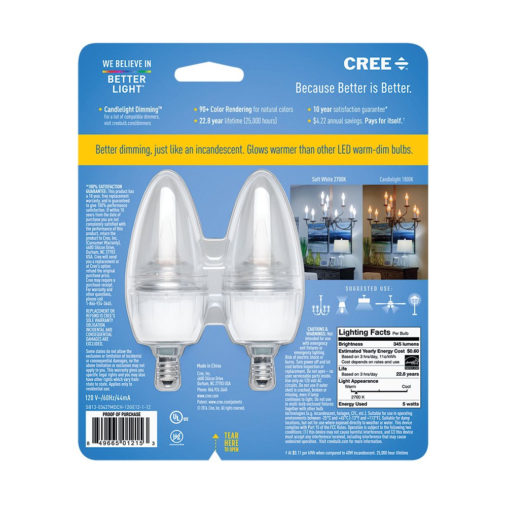 Cree 40W Equivalent Soft White Dimmable Clear B11 LED Candelabra Light