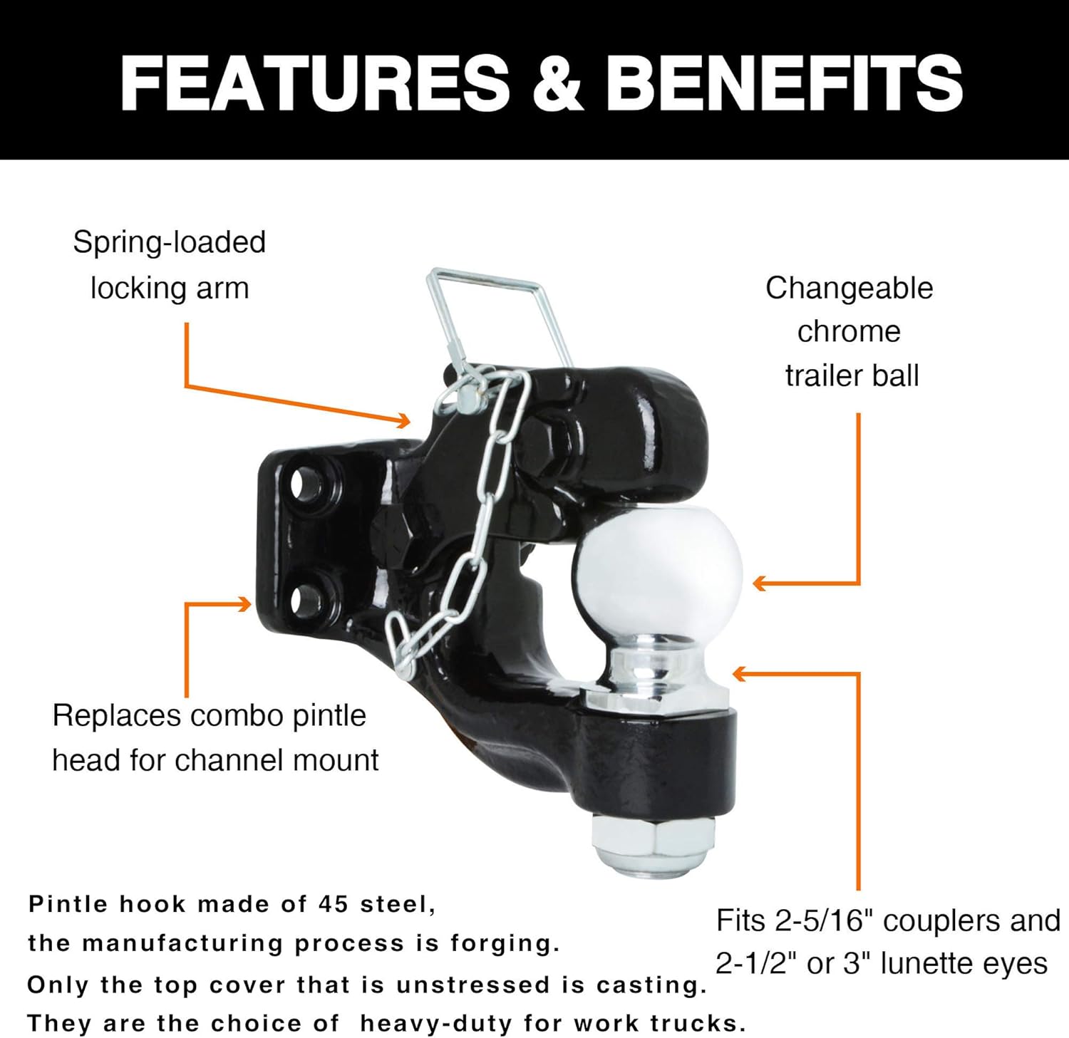 ONLTCO Pintle Hitch Receiver Hook 10 TON for 2” Hitches Hitch Hook