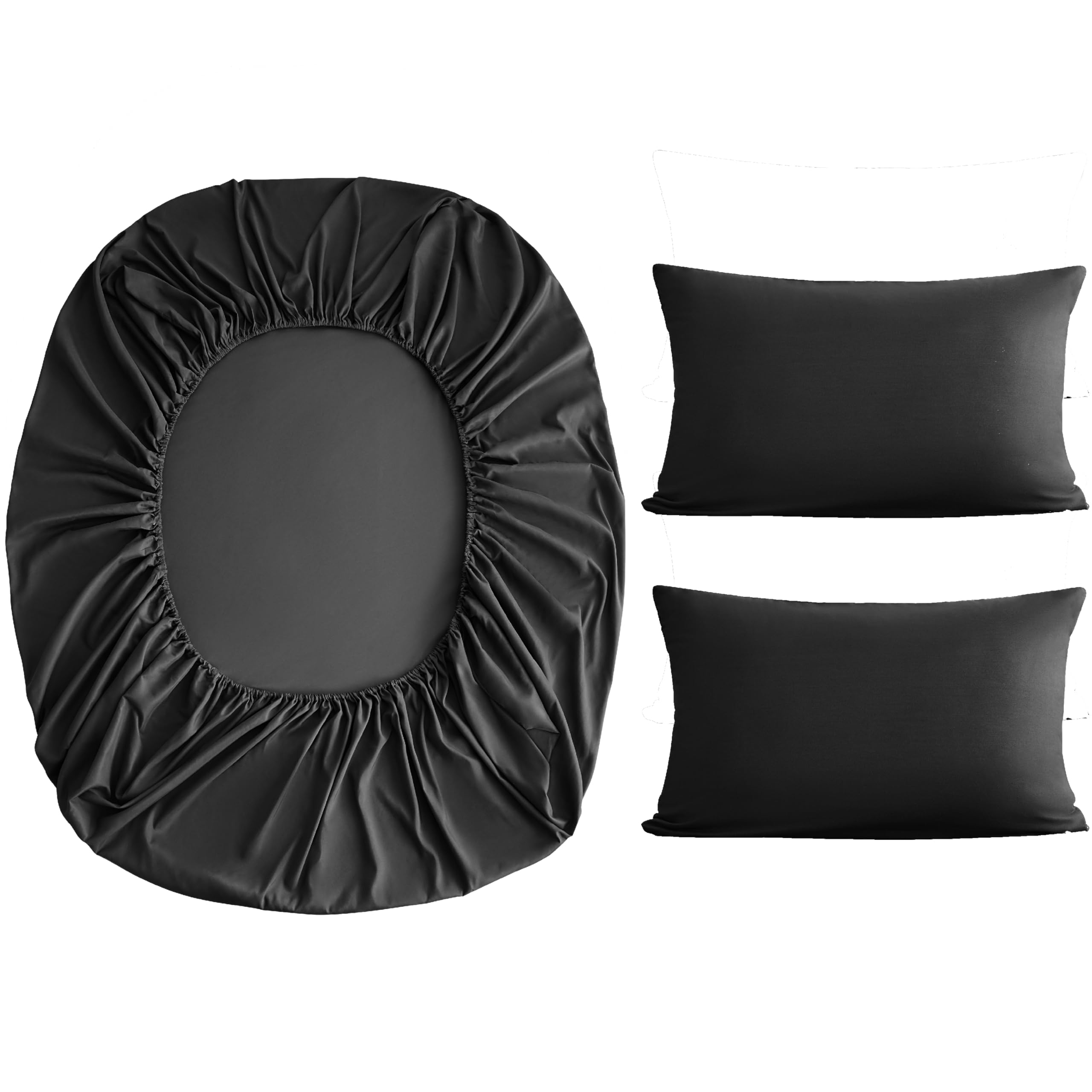 MOHAP Fitted Sheet Set King Size 16" Deep Pocket with 1 Bedsheet and 2 Pillowcases Brushed Microfiber Black