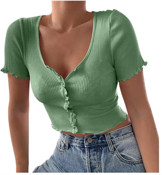 Amazon 洋子ちゃん 夏服 レディース 無地リブ編み 半袖 ボタントップ 女の子 高校生 かわいい ｔシャツ 快適 スリム S M L L グリーン Tシャツ カットソー 通販