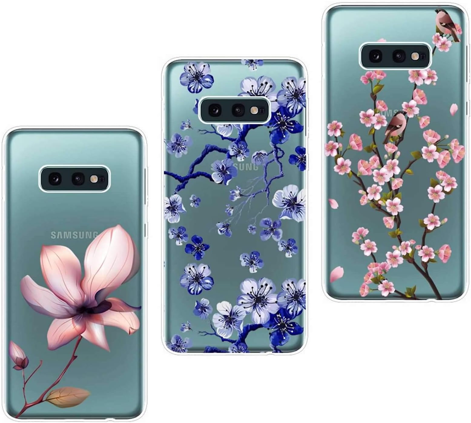 3 Packs case for Samsung Galaxy S10e - Soft TPU and Flexible Transparent Silicone case,Pink Cherry Blossom, Blue Flower