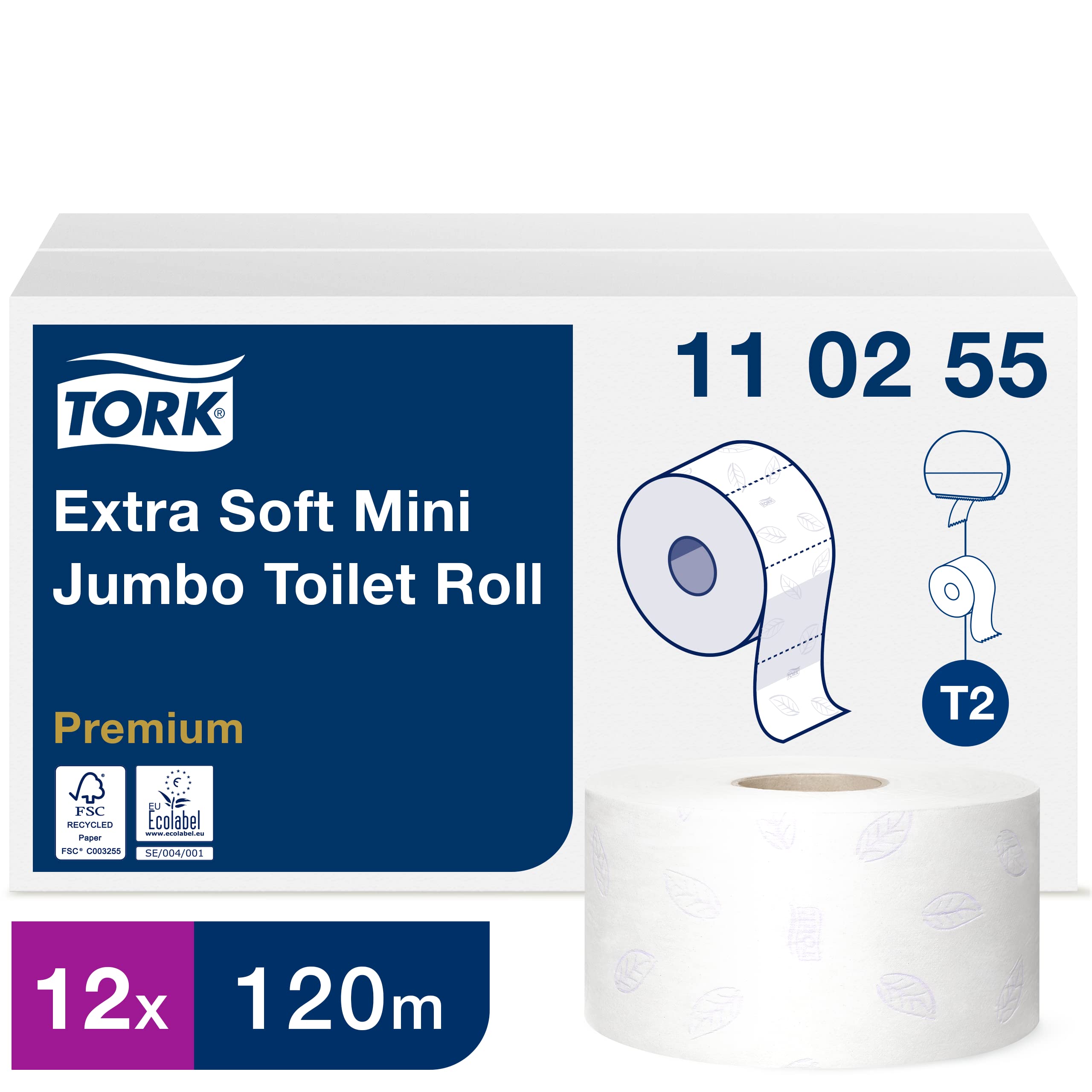 Tork Extra Soft Mini Jumbo Toilet Paper Roll White T2, Premium, 3-ply, 12 x 120 metres, 110255