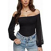REORIA Womens Off The Shoulder Sheer Mesh Puff Long Sleeve Thong Bodysuit Tops