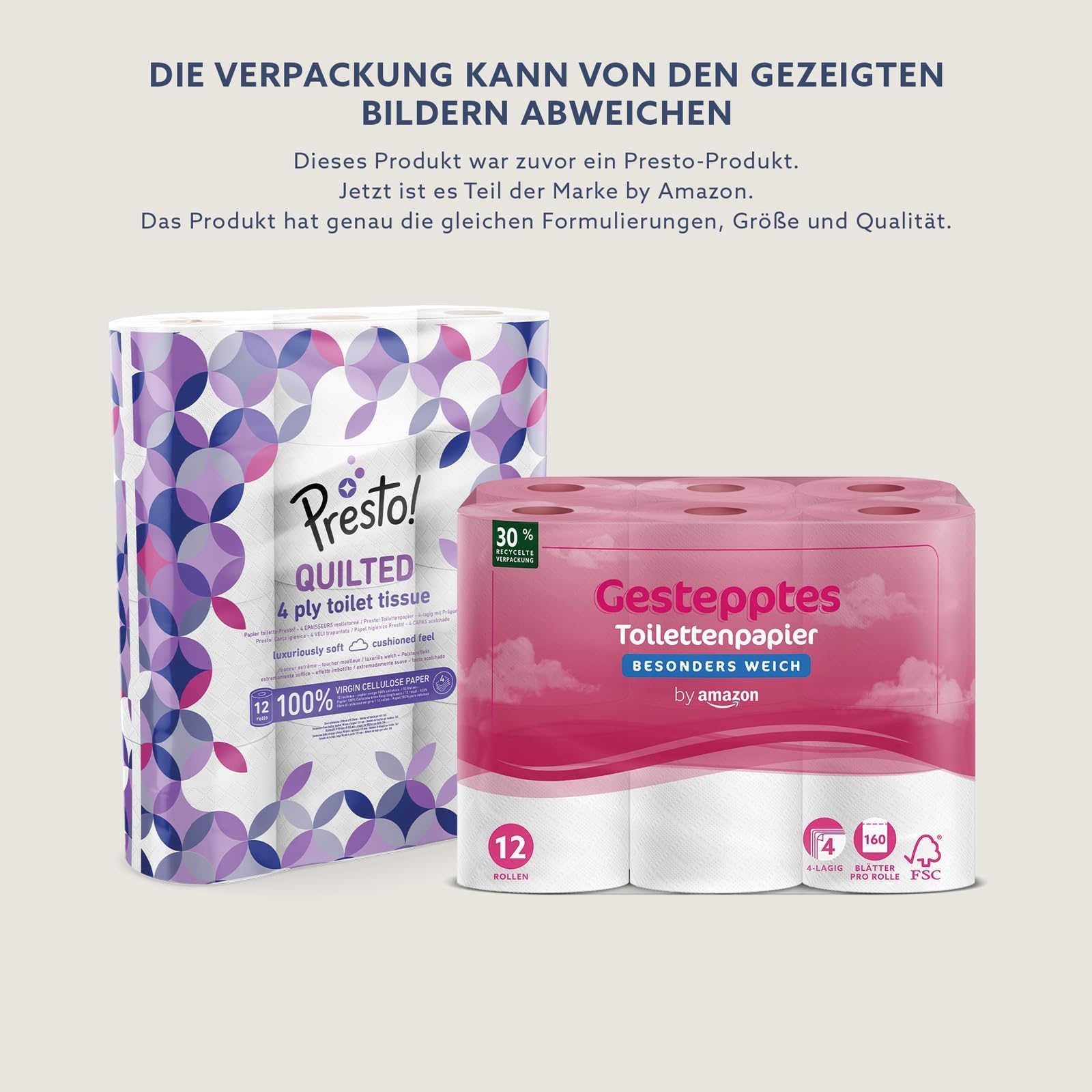 by Amazon Toilettenpapier, 4-lagig Gestepptes, Besonders Weich, 48 Rollen (12 Rollen, 4-er Pack), 160 Blätter pro Rolle, FSC-Zertifiziert 2