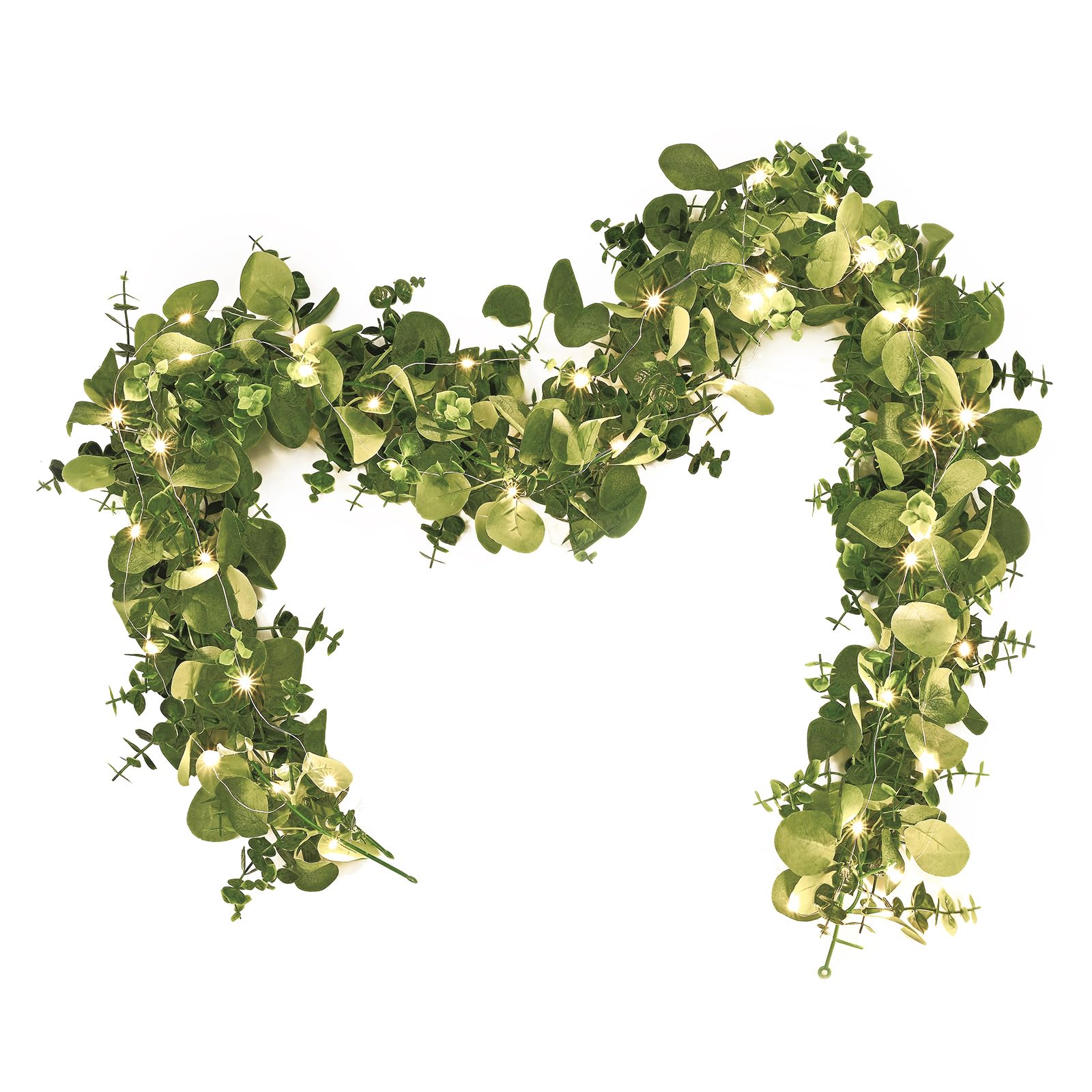Photo 1 of Dolicer 2 Packs 6FT Artificial Eucalyptus Garland with LED Light String, Faux Greenery Garland Hanging Fake Silver Dollar Eucalyptus Leaves Vines for Wedding Backdrop Arch Table Wall Party Home Decor