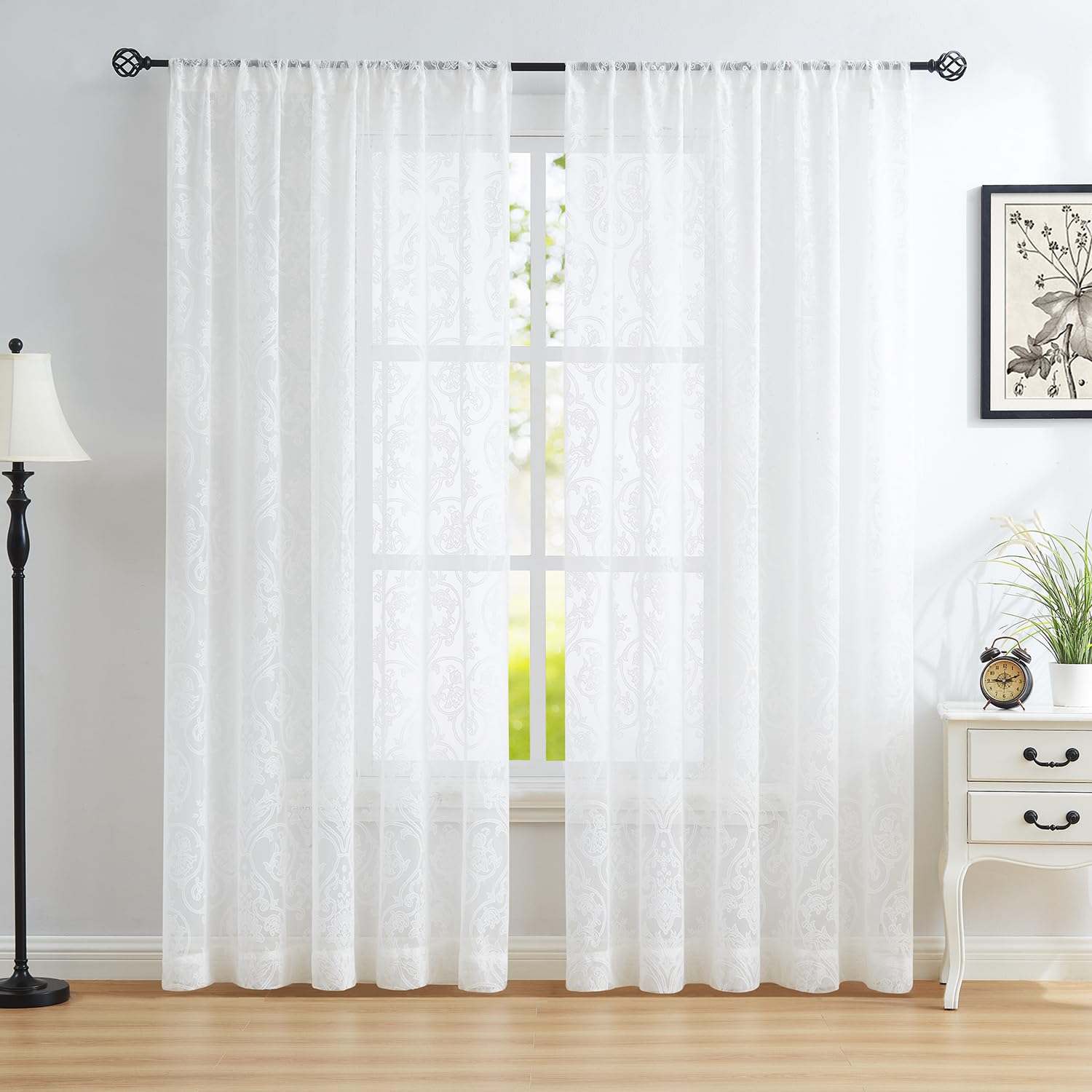 Abstractex White Lace Net Curtains 90 Inches Long for Living Room Damask Floral Sheer Panels for Bedroom Luxury Vintage Light Filtering Victorian Window Treatment Sets, 54" W Rod Pocket 2 Panels