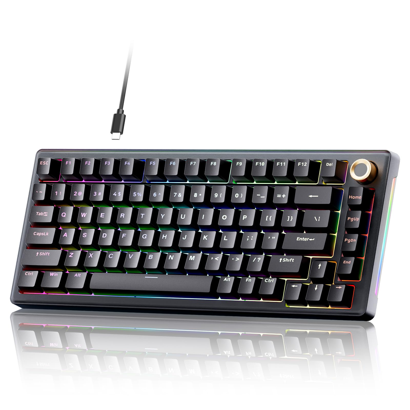 TMKB T81E Mechanical Gaming Keyboard, 75% Gasket Mount Wired Keyboard with Knob & 5-Layer Sound Dampening, Hot-Swappable, RGB Backlit, 82 Keys for Windows/Mac/Linux - Black
