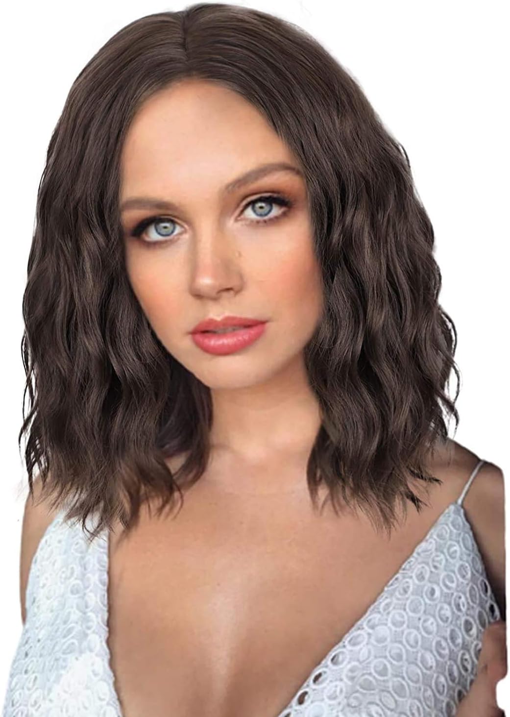 PORSMEER Short Wavy Curly Synthetic Hair Bob Wigs for Women Realistic Natural Wigs With Wig Cap for Ladies Cosplay Costume Party Daily Use(14 inch,Dark brown)