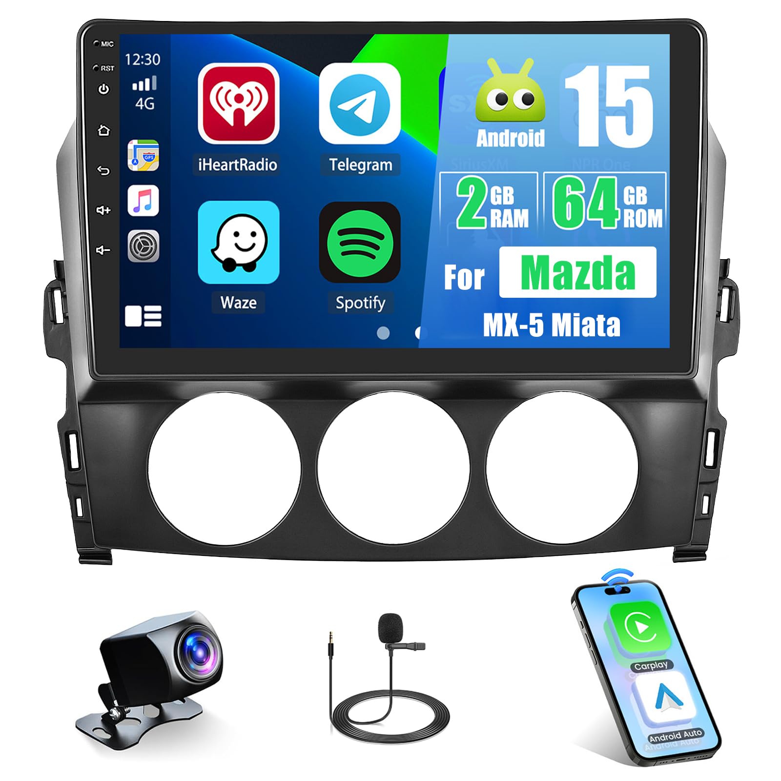 Photo 1 of [2G+64G] Android 15 Car Radio Stereo for Mazda MX-5 Miata 2009-2015 with Wireless Carplay Android Auto, 9 inch Touch Screen Radio Bluetooth WiFi GPS FM RDS EQ+Free AHD Backup Cam