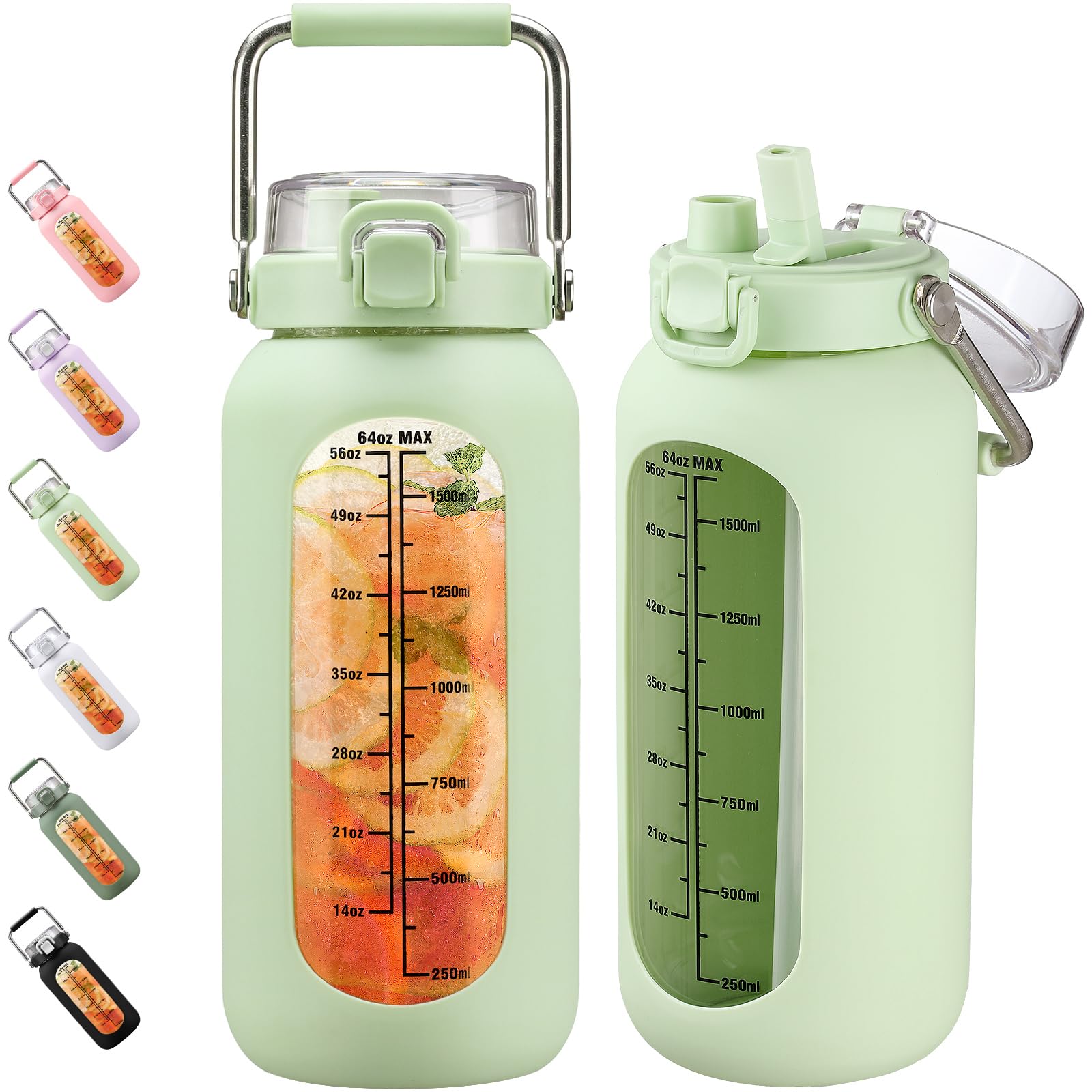 BLUEGO 2000ml Borosilicate Glass Water Bottle with Stainless Handle and Time Marker 2L Drinking Bottle with Silicone Sleeve and Straw for Gym Office Outdoor Sports Water Bottles BPA Free, Light Green