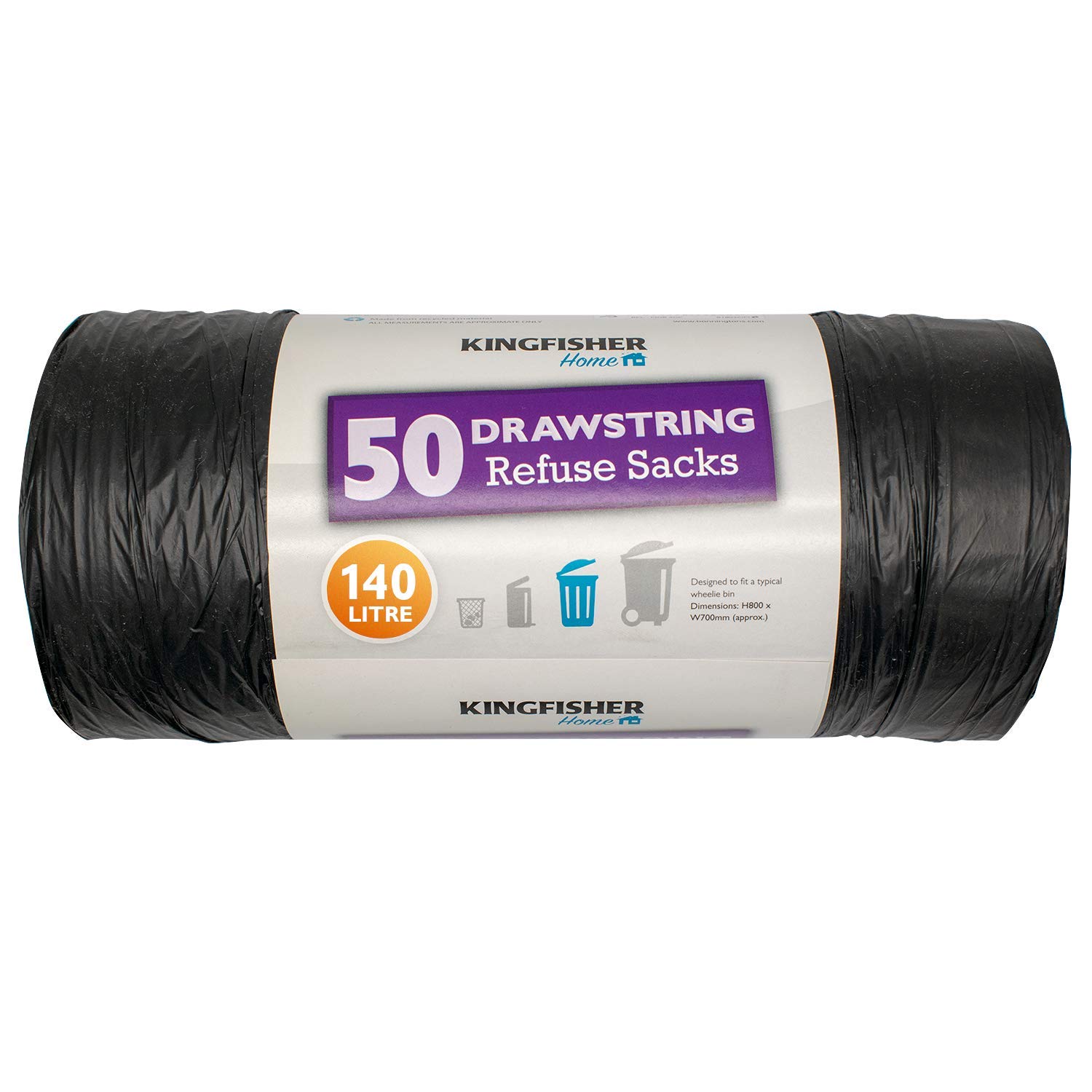 Kingfisher Super Strong Drawstring Bin Liners, Black, Pack of 50