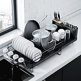 Kitsure Large Dish Drying Rack - Extendable Dish Rack, Multifunctional Dish Rack for Kitchen Counter, Anti-Rust Dish Drainers with Cutlery & Cup Holders 19.2"-26.7" L x 12.9" W, Black