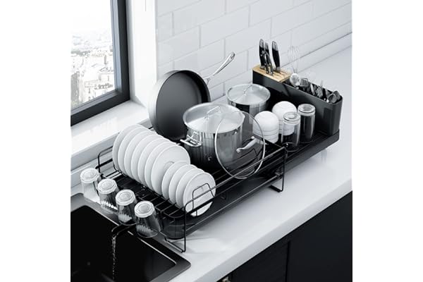 Kitsure Large Dish Drying Rack - Extendable Stainless Steel, Anti-Rust Kitchen Counter Rack with Cutlery & Cup Holders, 67.8