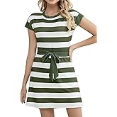Yanziliu Womens Summer Dresses Striped Crewneck Short Sleeve T Shirt Dress Casual Tie Waist A Line with Pockets