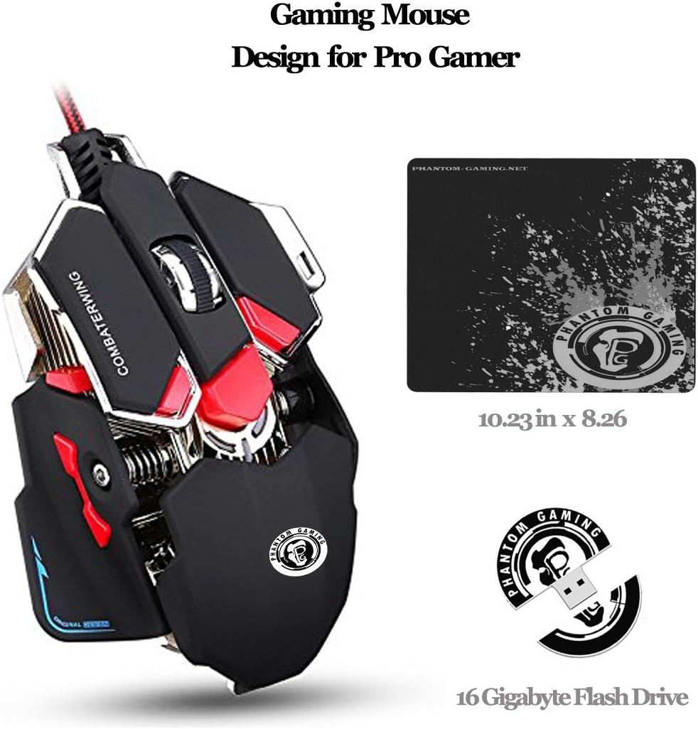 Phantom Gaming Shadow Edition Bundle 4800 DPI USB Wired Aluminum Computer MAC Gaming Mouse 10 Buttons Breathing LED with Mouse Pad, 16GB Phantom Gaming Flash Drive