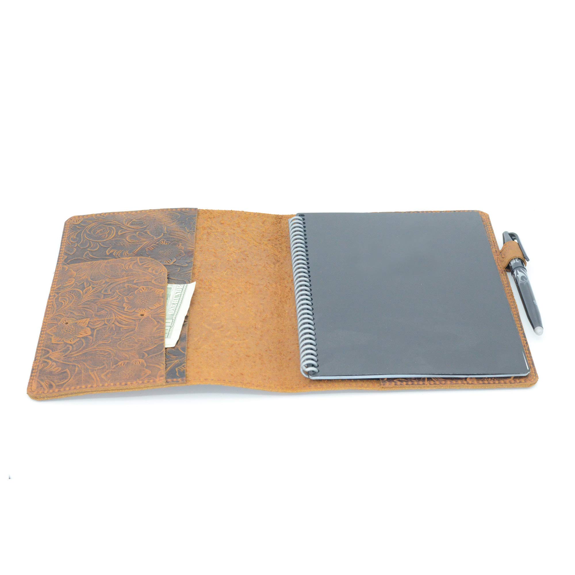 JNUSA Compatible with Rocketbook Cover Smart Business Handmade Distressed Genuine Leather Notebook for Everlast Fusion Wave Moleskin A5 with Pen Loop & Card Holder Executive 8.8" x 6" Flower Brown