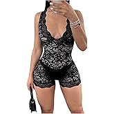 WDIRARA Women's Lace Sheer Deep V Neck Sleeveless Romper Sexy Shorts Jumpsuit Clubwear