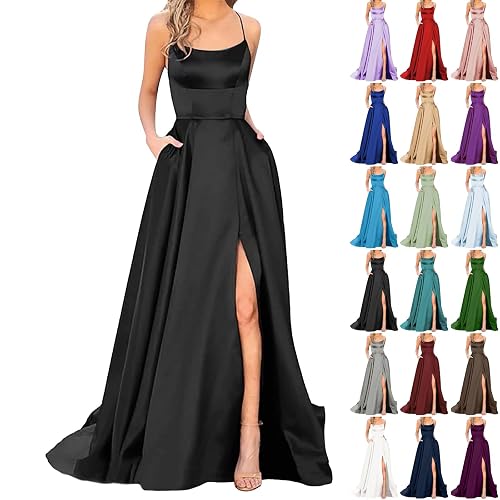 Maxi Evening Dresses for Women UK Elegant Wedding Guest Plus Size Prom Dress for Special Occasion Long High Slit Satin Cocktail Formal Prom Dresses