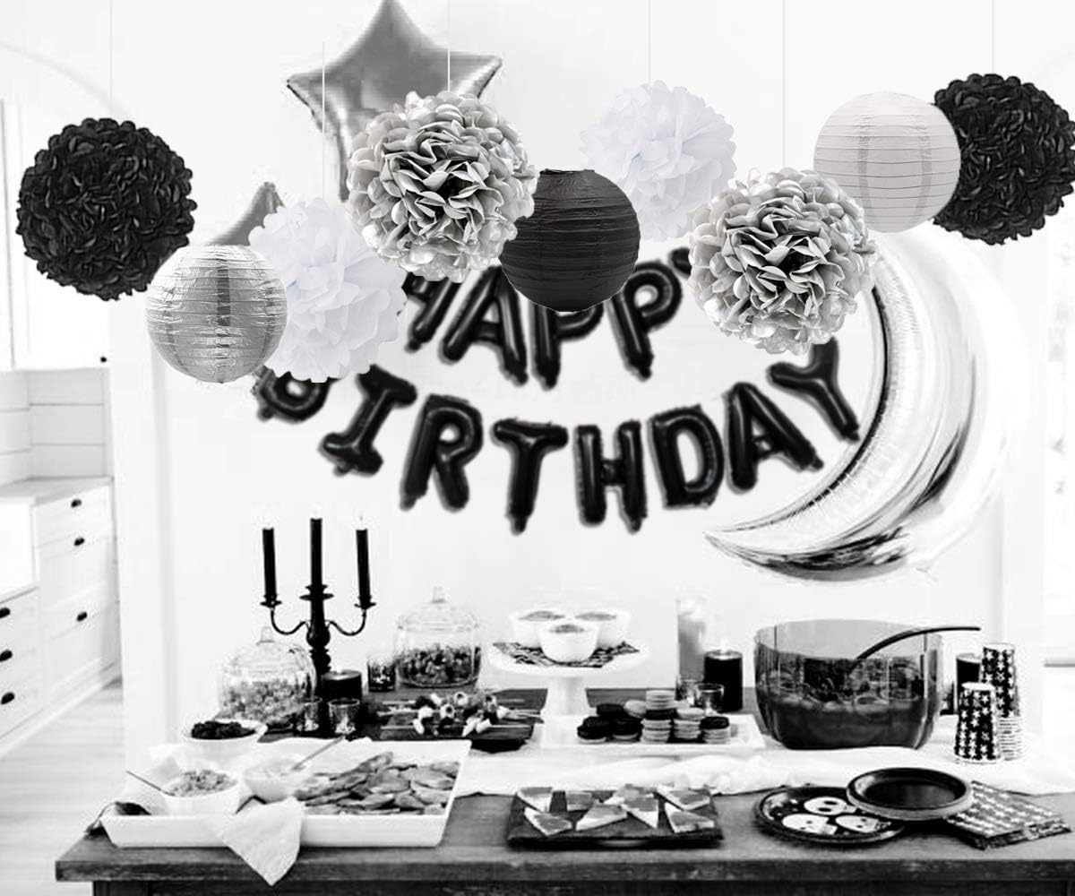 JOYMEMO Black and Silver Birthday Decorations, Black White Confetti Marble Balloons Set, Happy Birthday Banner - Image 4