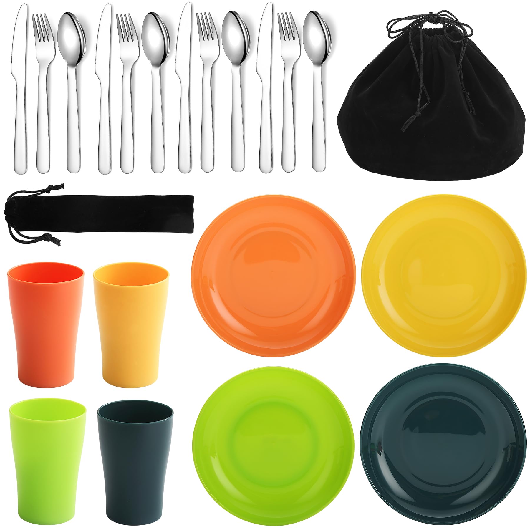Evanda Camping Cutlery Set 20 Piece, Reusable Light Weight Mug, Plate And Stainless Steel Cutlery Set With Black Bag, For Camping 4 Person, Dishwasher Safe