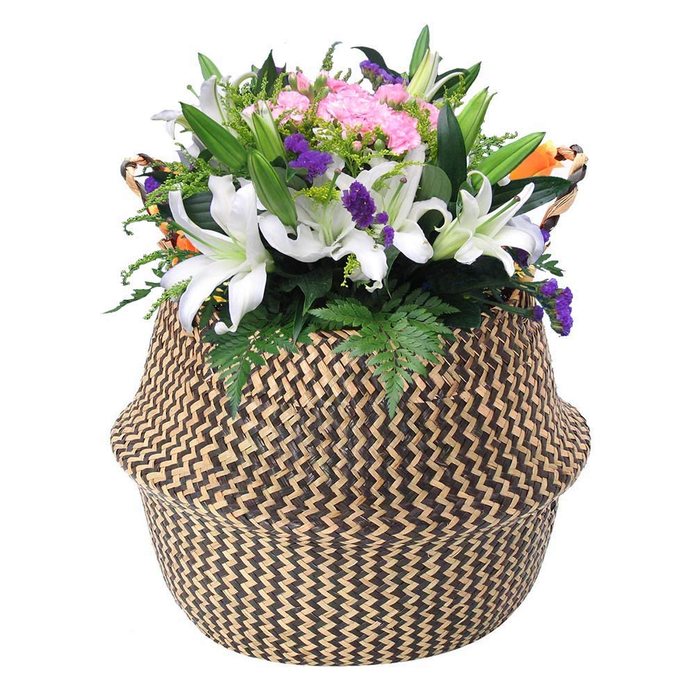 SZETOSY Natural Seagrass Basket - GOODCHANCEUK Belly Basket Handmade Planter Seagrass Seagrass Basket With Handle Laundry Toys Basket Black Wave Style#2 27CMx24CM