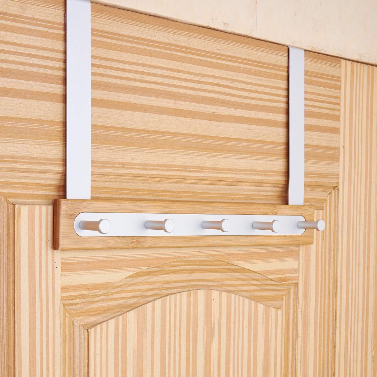 KeepTpeeK Over The Door Hook Hanger Organizer for Coats, Hoodies, Hats, Scarves, Purses, Leashes, Bath Towels & Robes Men and Women Clothing Rack 5 Hooks (Silver)