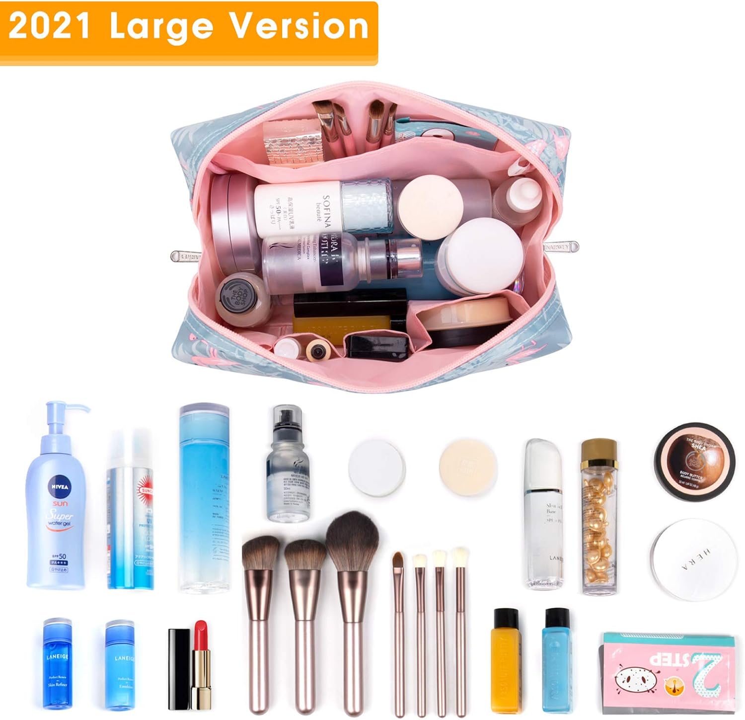 Large Makeup Bag Zipper Pouch Travel Cosmetic Organizer for Women (Flamingo, Large), Beige - Image 3
