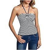 WDIRARA Women's Striped Ruched Halter Top Sleeveless Open Back Camisole Tops