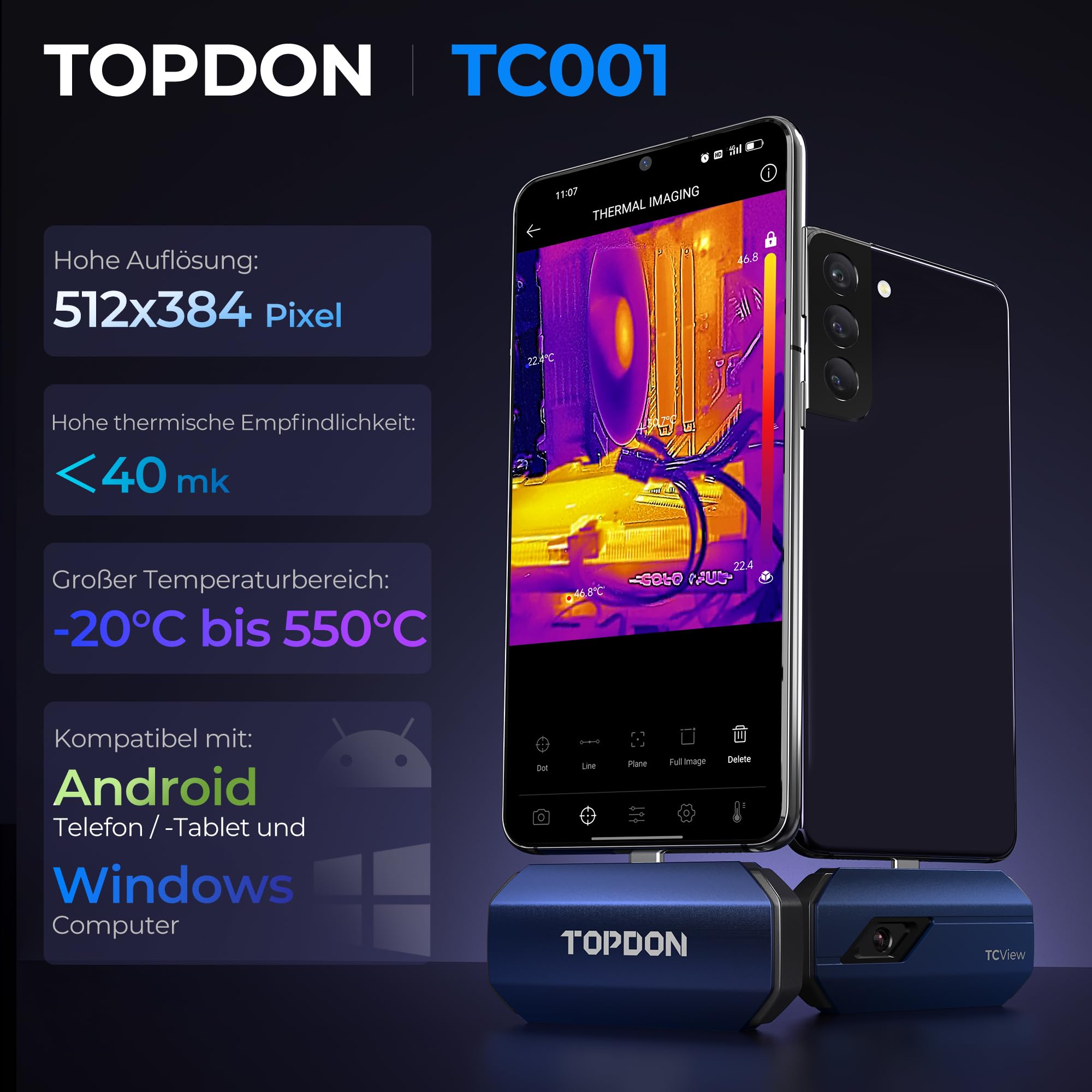TOPDON Wärmebildkamera -TC001, 512x384 TISR Auflösung, ＜40mK Wärmeempfindlichkeit, 25Hz, Testbereich -20 ℃ bis 550 ℃, 0,1 ℃ Testpräzision, entwickelt für Android phones/Tablets und Windows Laptops 2