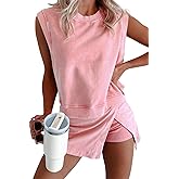 KevaMolly Womens Travel Outfits Summer Lounge Set Two Pieces Mineral Wash Cotton Tank Top Lined Split Athletic Skirt Set