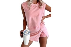 KevaMolly Womens Travel Outfits Summer Lounge Set Two Pieces Mineral Wash Cotton Tank Top Lined Split Athletic Skirt Set