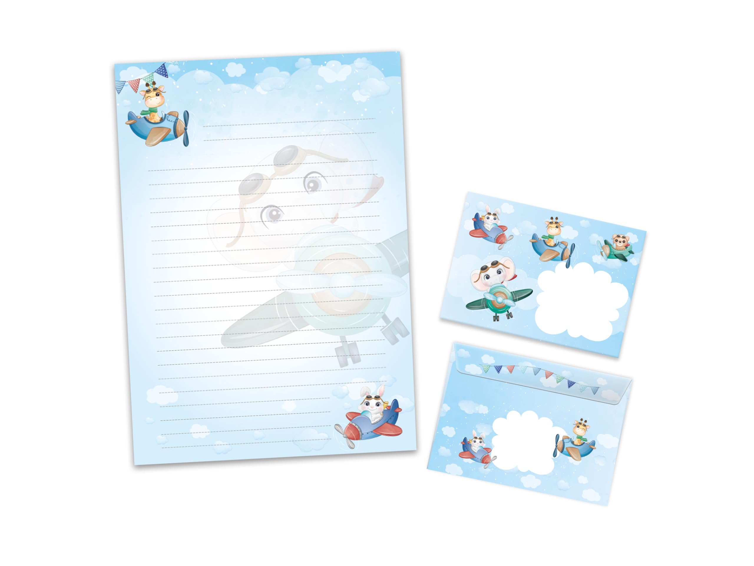 Writing Paper Set Letter Pad with Envelope for Boys Girls Children Animals Aeroplane Pastel (A4 Pad with 25 Sheets + 15 Envelopes)