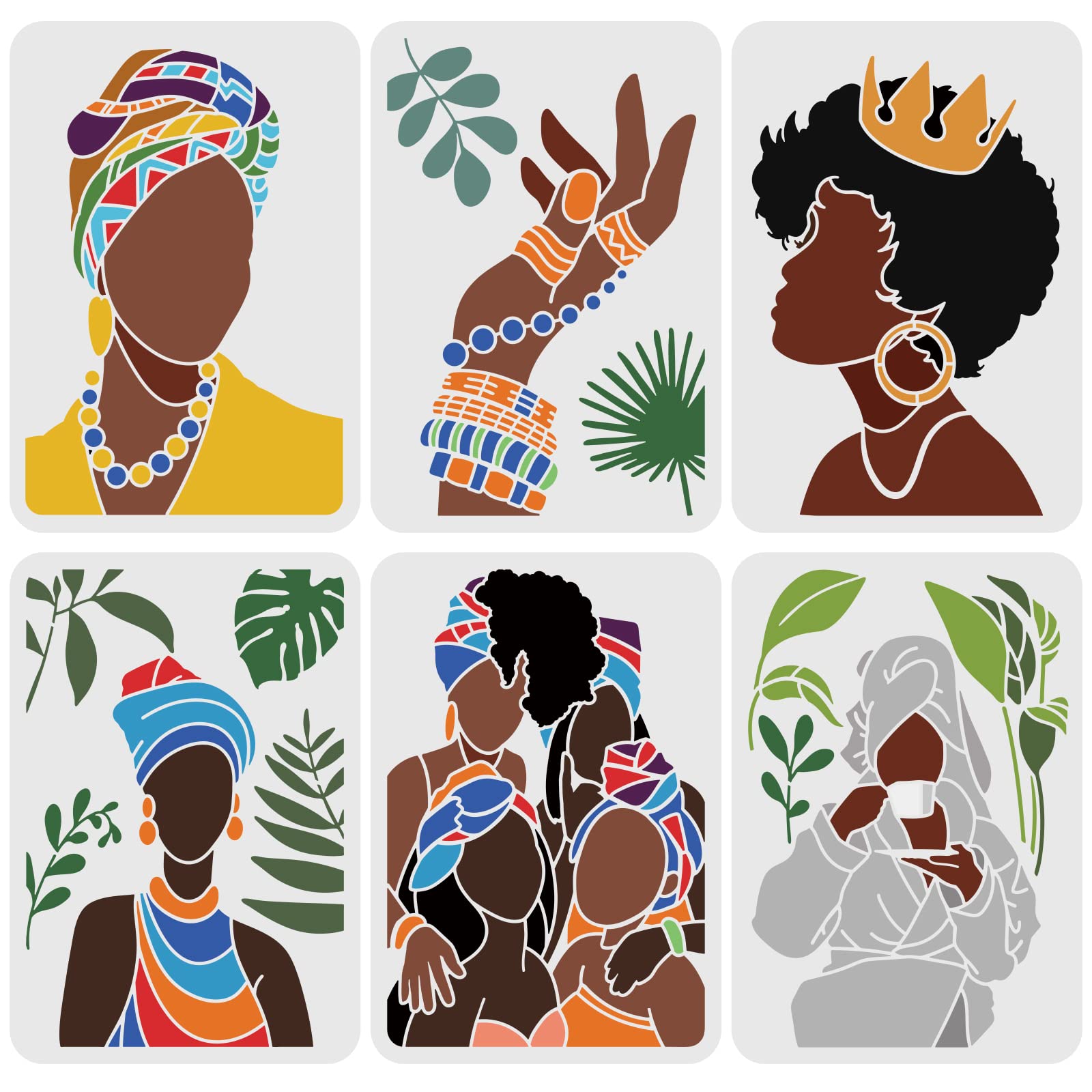 FINGERINSPIRE 6PCS African Tribal Women Stencils 29.7x21cm Plastic Tropical Plant Craft Stencil Large African Girl Stencil Templates with Ring Earrings Bracelet Crown for Art Home Decoration