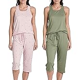 Real Essentials 2 Pack: Women’s Tank Top & Capri Pajama Set - Super-Soft Sleeveless Summer Loungewear (Plus