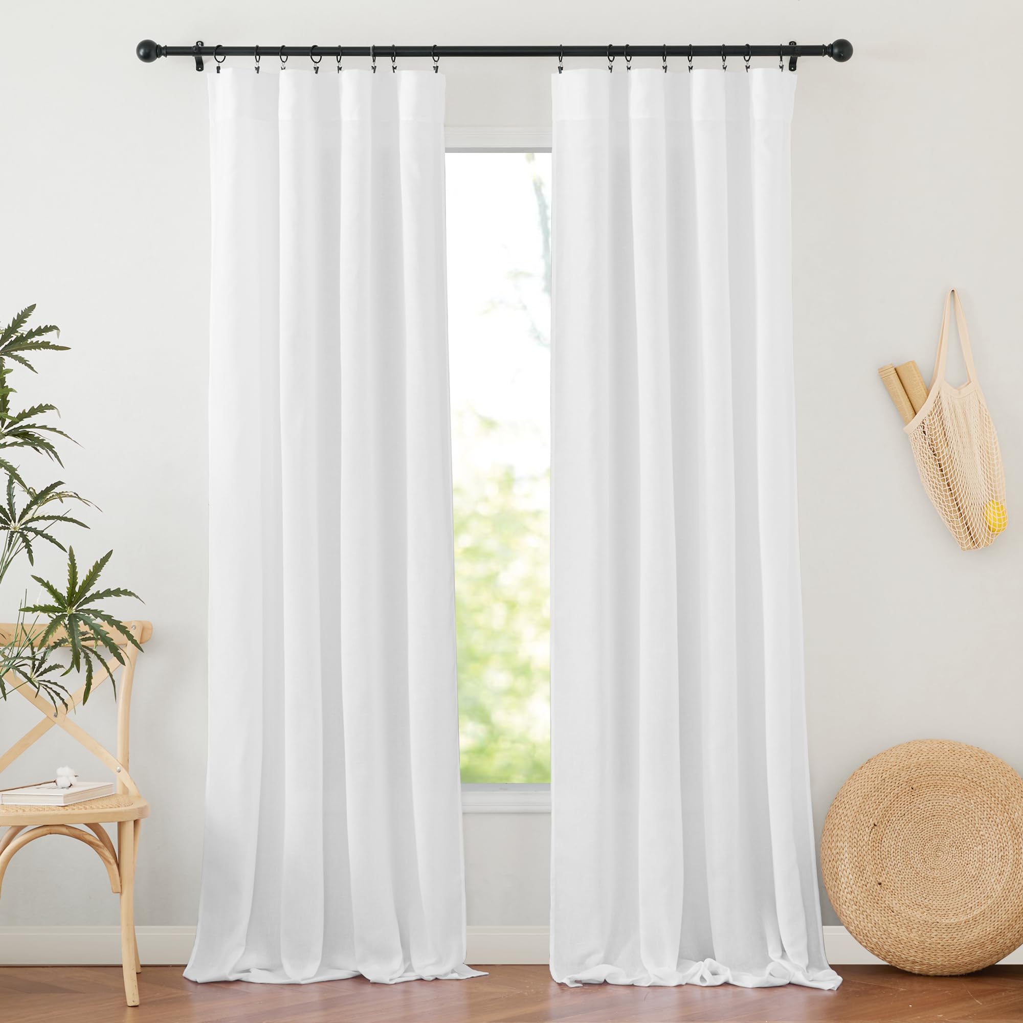Photo 1 of RYB HOME Thick Linen Sheer Curtains 102 inches Long, Light Filtration Half Privacy Farmhouse Gauze Ceiling to Floor Curtains & Drapes for Living Room Sunroom, White, 2 Pieces