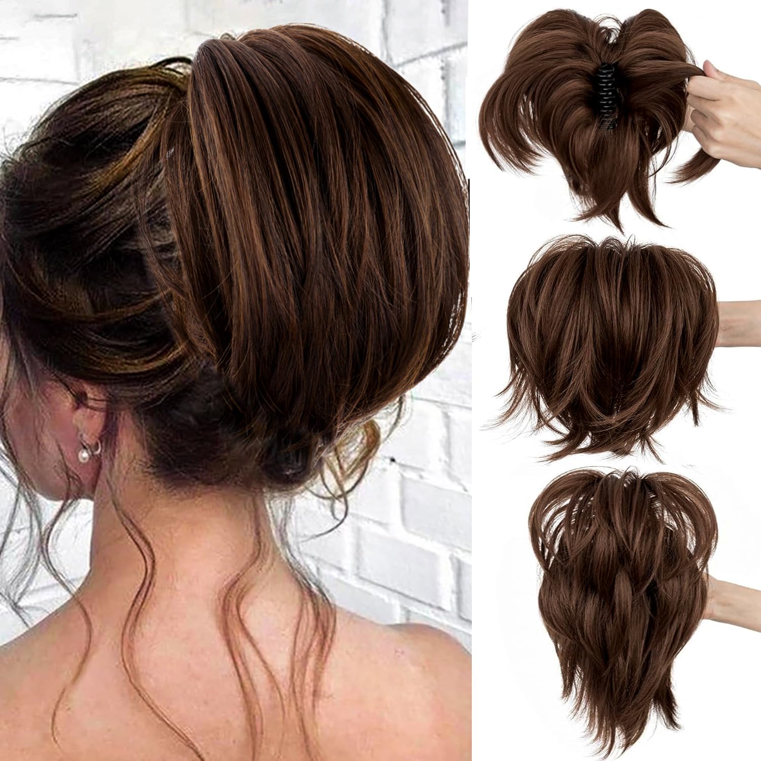 PORSMEER Claw Clip in Short Auburn Brown Ponytail Hair Extension with Bendable Metal Wire Hair Pieces for Women Messy Bun Hair Piece, Fake Pony Tail DIY Styles